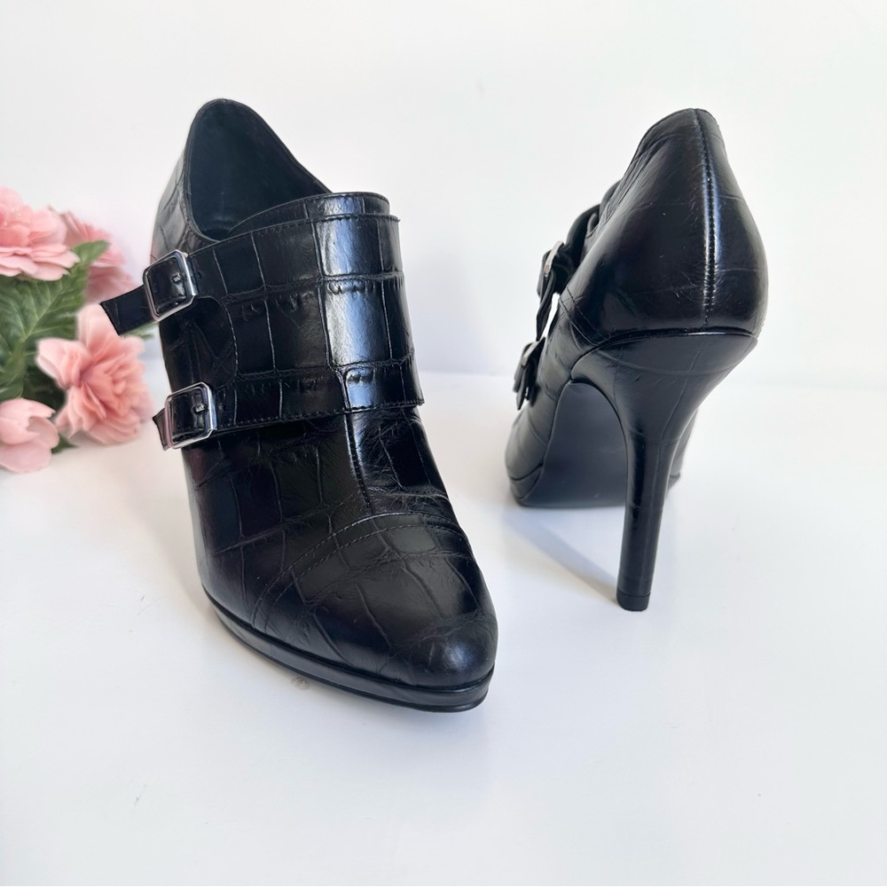 LAUREN Ralph Lauren Latisha Black Embossed Leather Buckle Straps Zip Booties